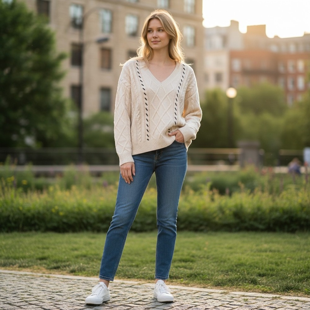 LOFT Cable Knit Fisherman Sweater Cream Ivory V-Neck Contrast Stitch Medium